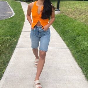 Zara Light Blue Button-Fly Denim Shorts